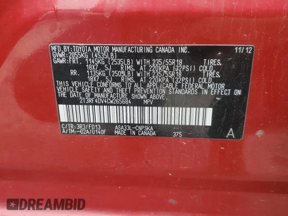 2012 Toyota RAV4 Sport with VIN 2T3RF4DV4CW265684, listed as a Copart auction lot 61035225 with 144,052 mi miles and Salvage title. Bid and sale history available at DreamBid. Image 13.