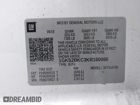 2019 GMC Yukon SLT with VIN 1GKS2BKC3KR160060, listed as a IAAI auction lot 42042122 with 124,733 mi miles. Bid and sale history available at carsss.com. Image 9.