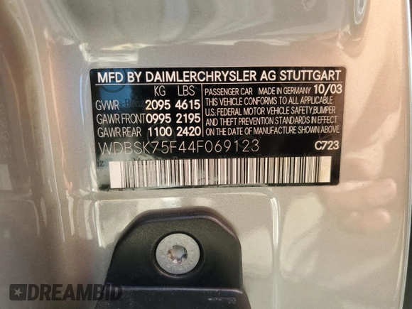 2004 Mercedes-Benz SL 500 with VIN WDBSK75F44F069123, listed as a Copart auction lot 51413095 with Not provided miles and Non repairable. Bid and sale history available at DreamBid. Image 13.