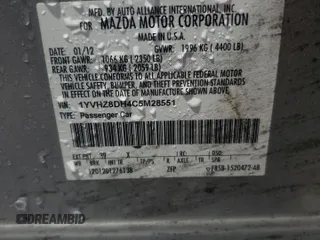 2012 Mazda 6 i Touring with VIN 1YVHZ8DH4C5M28551, listed as a Copart auction lot 57887845 with 204,216 mi miles and Salvage title. Bid and sale history available at DreamBid. Image 13.