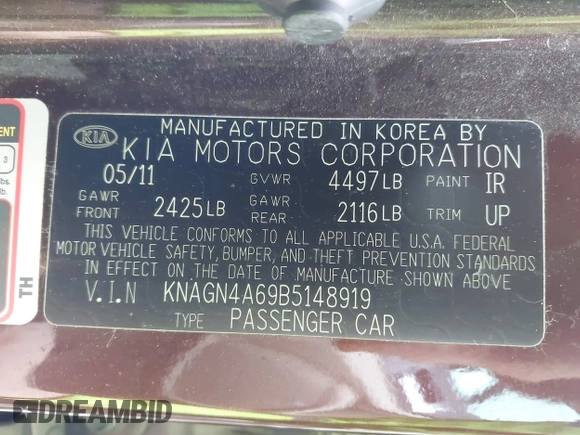 2011 Kia Optima EX with VIN KNAGN4A69B5148919, listed as a IAAI auction lot 42133805 with 112,114 mi miles and . Bid and sale history available at carsss.com. Image 9.
