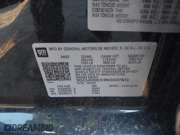 2022 Chevrolet Silverado 1500 LT with VIN 3GCUDDED3NG537831, listed as a IAAI auction lot 41433810 with 113,115 mi miles and . Bid and sale history available at DreamBid. Image 9.