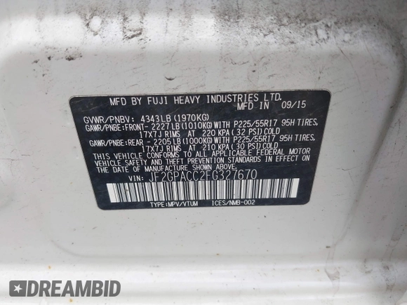 2015 Subaru Crosstrek Premium with VIN JF2GPACC2FG327670, listed as a IAAI auction lot 42269193 with 154,787 mi miles and . Bid and sale history available at DreamBid. Image 9.