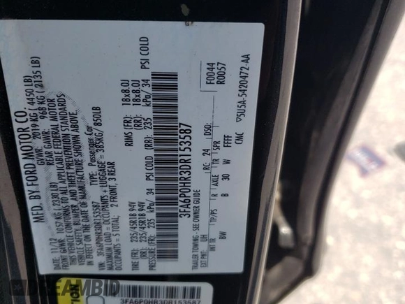 2013 Ford Fusion SE with VIN 3FA6P0HR3DR153587, listed as a Copart auction lot 53972665 with 180,543 mi miles and Clean Title. Bid and sale history available at carsss.com. Image 12.