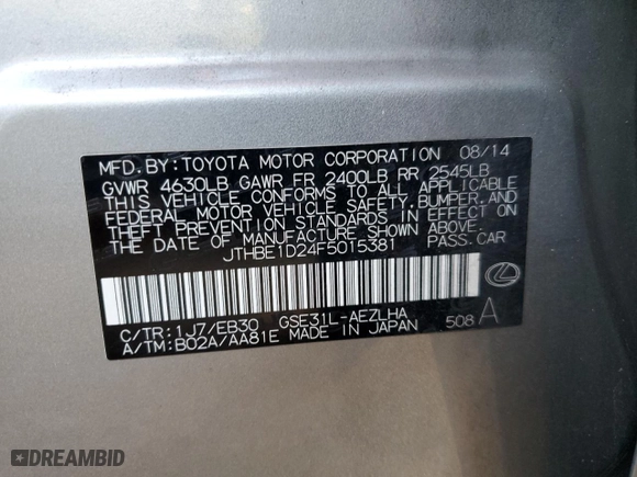 2015 Lexus IS 350 with VIN JTHBE1D24F5015381, listed as a Copart auction lot 86919204 with 62,229 mi miles and Salvage Title. Bid and sale history available at carsss.com. Image 12.