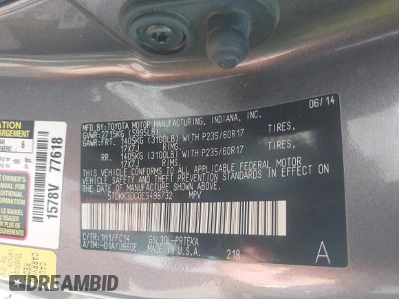 2014 Toyota Sienna LE AAS with VIN 5TDKK3DC0ES498732, listed as a IAAI auction lot 42077044 with 189,745 mi miles and . Bid and sale history available at carsss.com. Image 9.