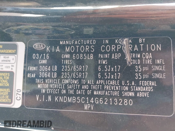 2016 Kia Sedona LX with VIN KNDMB5C14G6213280, listed as a IAAI auction lot 41778226 with 85,533 mi miles. Bid and sale history available at carsss.com. Image 9.