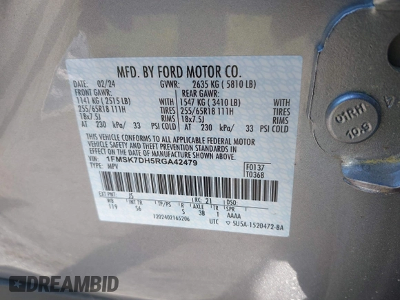 2024 Ford Explorer XLT with VIN 1FMSK7DH5RGA42479, listed as a IAAI auction lot 41667832 with 6,042 mi miles and . Bid and sale history available at DreamBid. Image 9.
