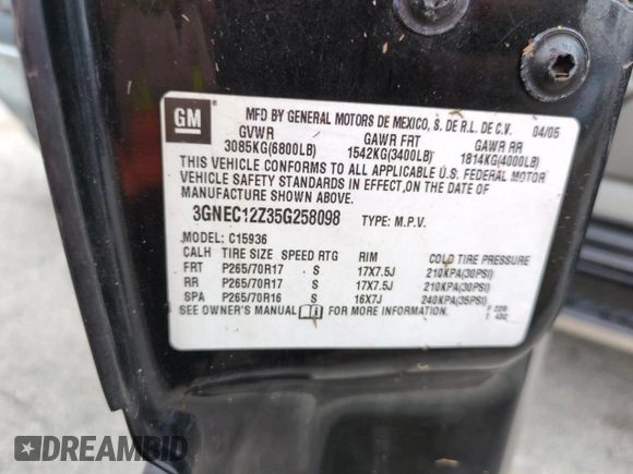 2005 Chevrolet Avalanche Z66 with VIN 3GNEC12Z35G258098, listed as a Copart auction lot 74543374 with Not Provided miles and Salvage Title. Bid and sale history available at carsss.com. Image 13.