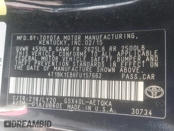2015 Toyota Avalon Limited with VIN 4T1BK1EB6FU157662, listed as a IAAI auction lot 41218876 with 192,466 mi miles and . Bid and sale history available at DreamBid. Image 9.