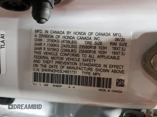2020 Honda CR-V EX with VIN 2HKRW2H53LH651731, listed as a Copart auction lot 55991695 with 90,450 mi miles and Salvage Title. Bid and sale history available at DreamBid. Image 13.