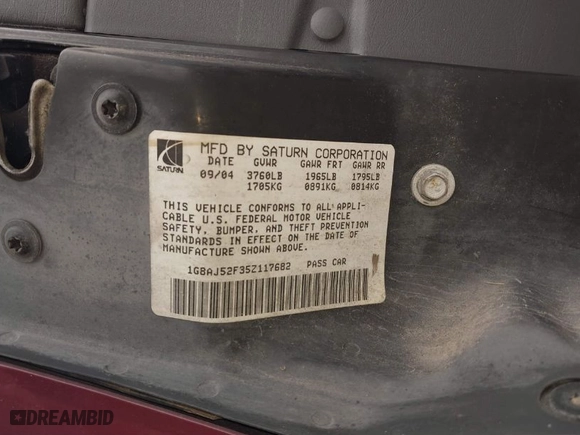 2005 Saturn ION with VIN 1G8AJ52F35Z117682, listed as a IAAI auction lot 41615525 with 124,117 mi miles. Bid and sale history available at carsss.com. Image 9.