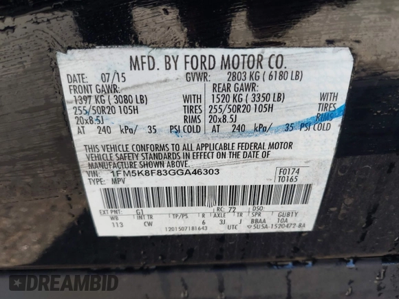 2016 Ford Explorer Limited with VIN 1FM5K8F83GGA46303, listed as a IAAI auction lot 41986126 with 137,068 mi miles. Bid and sale history available at carsss.com. Image 9.