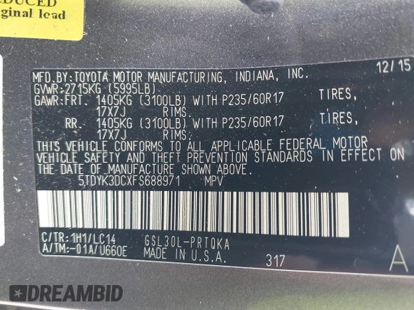 2015 Toyota Sienna XLE with VIN 5TDYK3DCXFS688971, listed as a IAAI auction lot 42127912 with 143,024 mi miles. Bid and sale history available at carsss.com. Image 9.