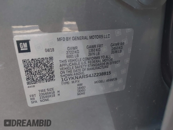 2018 Cadillac XT5 FWD with VIN 1GYKNARS4JZ238915, listed as a IAAI auction lot 42231005 with Not provided miles and . Bid and sale history available at DreamBid. Image 9.