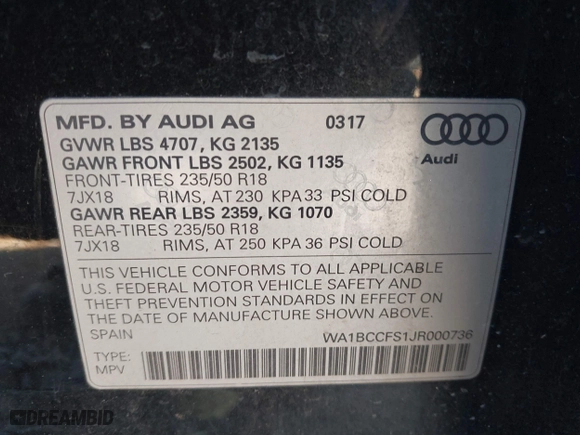 2018 Audi Q3 Premium with VIN WA1BCCFS1JR000736, listed as a IAAI auction lot 41802192 with 62,081 mi miles. Bid and sale history available at carsss.com. Image 9.