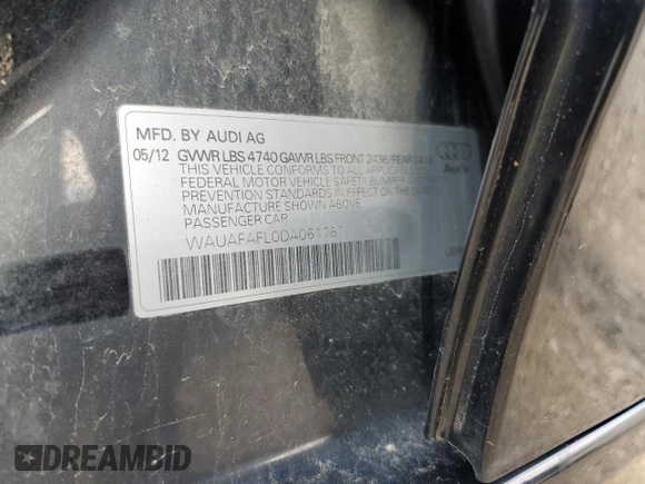 2013 Audi A4 Premium with VIN WAUAFAFL0DA061761, listed as a Copart auction lot 53970215 with 0 mi miles and Clean Title. Bid and sale history available at carsss.com. Image 12.