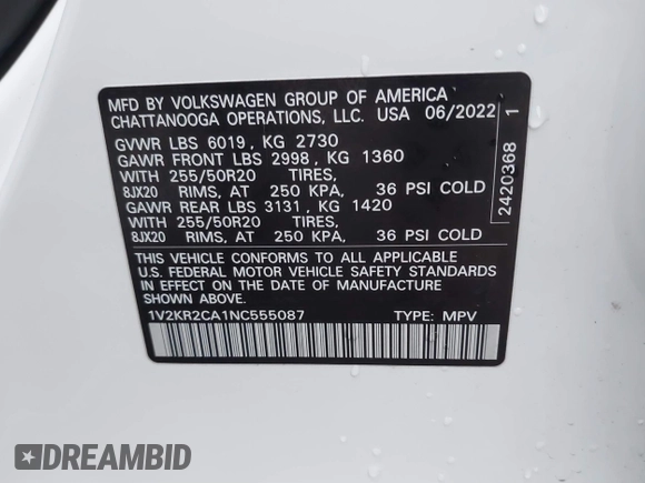 2022 Volkswagen Atlas SE z VIN 1V2KR2CA1NC555087, wystawiony jako IAAI lot #40921013 z przebiegiem 62 834 mil mil oraz . Historia ofert i sprzedaży dostępna na DreamBid. Obrazek 9.