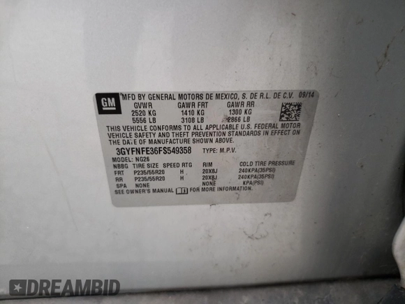 2015 Cadillac SRX Performance Collection with VIN 3GYFNFE36FS549358, listed as a Copart auction lot 59724065 with 132,045 mi miles and Salvage title. Bid and sale history available at DreamBid. Image 13.