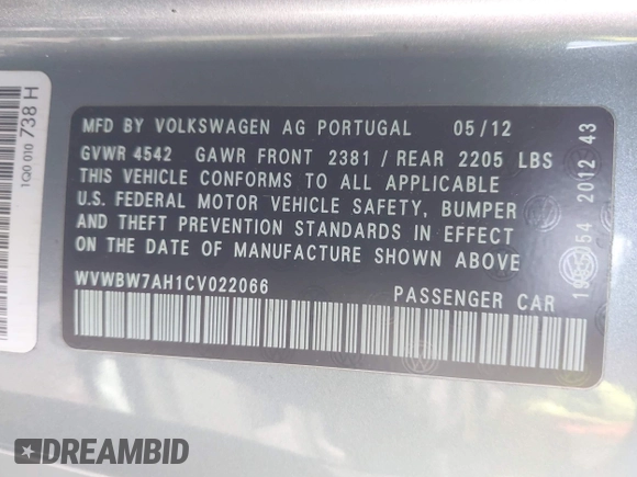 2012 Volkswagen Eos Komfort with VIN WVWBW7AH1CV022066, listed as a IAAI auction lot 41950391 with 98,877 mi miles and . Bid and sale history available at DreamBid. Image 9.