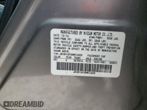 2013 Infiniti M37 with VIN JN1BY1AP0DM512605, listed as a Copart auction lot 48675735 with 129,598 mi miles and Salvage Title. Bid and sale history available at carsss.com. Image 14.