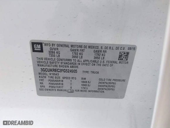 2015 Chevrolet Silverado 1500 LT with VIN 3GCUKREC2FG524905, listed as a IAAI auction lot 41728446 with NaN miles. Bid and sale history available at carsss.com. Image 9.