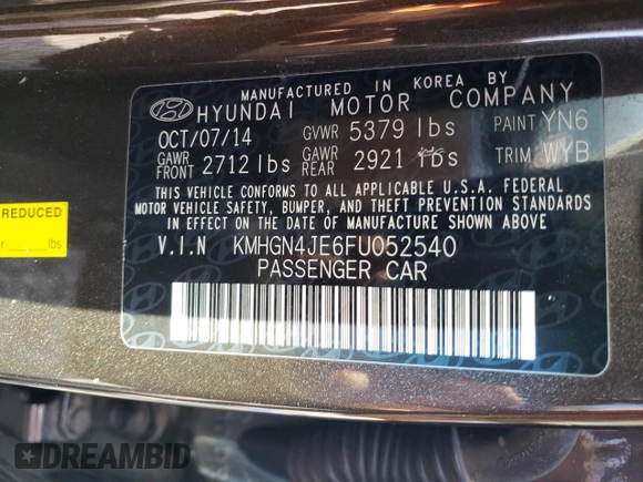 2015 Hyundai Genesis 3.8L with VIN KMHGN4JE6FU052540, listed as a Copart auction lot 65623874 with 237,718 mi miles and Salvage Title. Bid and sale history available at carsss.com. Image 12.