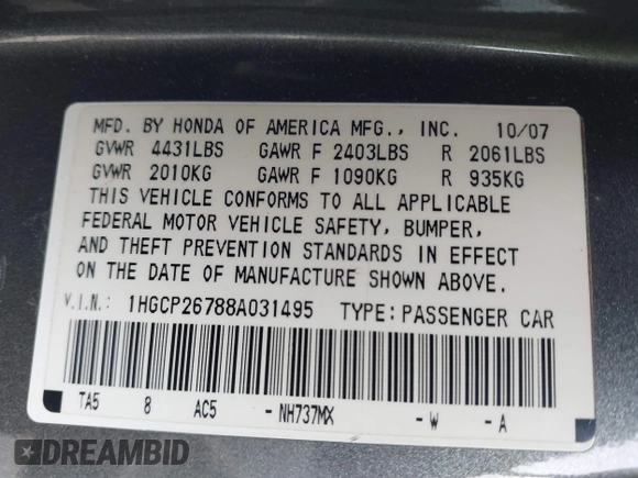 2008 Honda Accord EX with VIN 1HGCP26788A031495, listed as a IAAI auction lot 42083945 with 211,375 mi miles and . Bid and sale history available at DreamBid. Image 9.