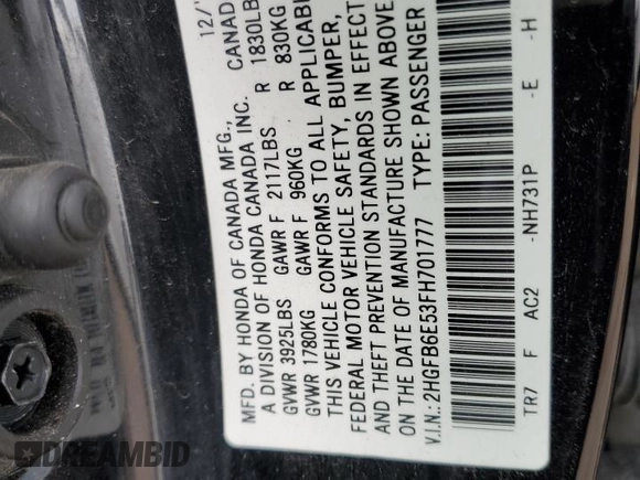 2015 Honda Civic Si z VIN 2HGFB6E53FH701777, wystawiony jako Copart lot #50149855 z przebiegiem 162 138 mil mil oraz Szkoda całkowita • Salvage title. Historia ofert i sprzedaży dostępna na DreamBid. Obrazek 12.