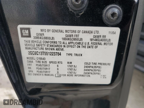 2005 Chevrolet Silverado 1500 LS with VIN 2GCEC13T551223784, listed as a Copart auction lot 51628235 with 131,773 mi miles and Salvage Title. Bid and sale history available at DreamBid. Image 13.