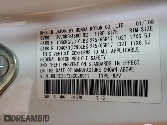 2008 Honda CR-V EX-L z VIN JHLRE38738C026911, wystawiony jako Copart lot #57688845 z przebiegiem 250 502 mil mil oraz Czysty tytuł • Clean title. Historia ofert i sprzedaży dostępna na DreamBid. Obrazek 13.