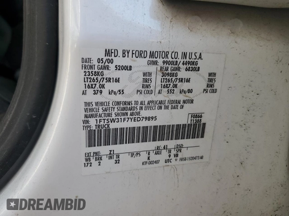 2000 Ford F-350 XL with VIN 1FTSW31F7YED79895, listed as a Copart auction lot 71744804 with 176,241 mi miles and Salvage Title. Bid and sale history available at DreamBid. Image 12.
