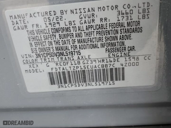 2022 Nissan Kicks SR with VIN 3N1CP5DV3NL519715, listed as a Copart auction lot 84042474 with 43,251 mi miles and Non Repairable. Bid and sale history available at carsss.com. Image 13.