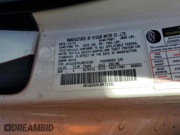 2018 Nissan 370Z Touring with VIN JN1AZ4EH0JM572392, listed as a Copart auction lot 85166214 with 44,355 mi miles and Salvage Title. Bid and sale history available at DreamBid. Image 14.