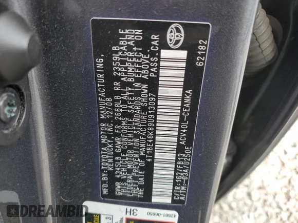 2009 Toyota Camry with VIN 4T1BE46K89U913097, listed as a Copart auction lot 51122635 with 80,449 mi miles and Salvage Title. Bid and sale history available at DreamBid. Image 12.