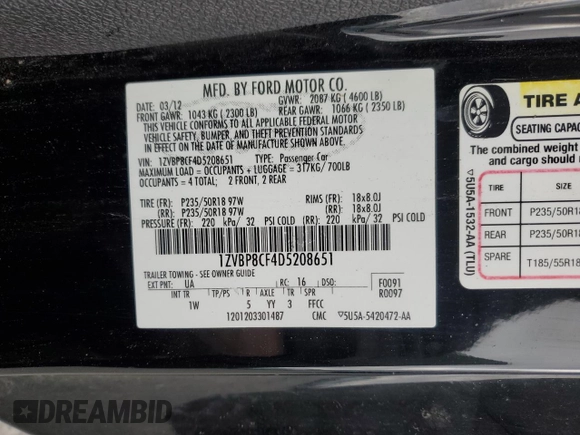 2013 Ford Mustang GT with VIN 1ZVBP8CF4D5208651, listed as a Copart auction lot 47289885 with 85,250 mi miles and Salvage Title. Bid and sale history available at carsss.com. Image 12.