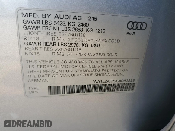 2016 Audi Q5 Premium Plus z VIN WA1L2AFP0GA092999, wystawiony jako Copart lot #56547255 z przebiegiem 63 940 mil mil oraz Szkoda całkowita • Salvage title. Historia ofert i sprzedaży dostępna na DreamBid. Obrazek 13.