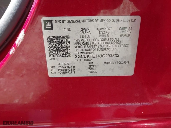2018 Chevrolet Silverado 1500 High Country with VIN 3GCUKTEJ4JG293333, listed as a IAAI auction lot 41727907 with NaN miles. Bid and sale history available at carsss.com. Image 9.