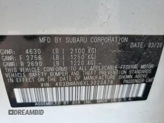 2020 Subaru Legacy Limited z VIN 4S3BWAN6XL3023878, wystawiony jako Copart lot #60931555 z przebiegiem 97 506 mil mil oraz Szkoda całkowita • Salvage title. Historia ofert i sprzedaży dostępna na DreamBid. Obrazek 12.