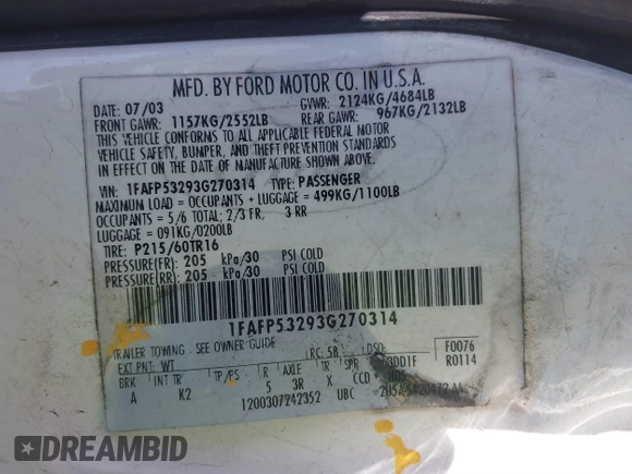 2003 Ford Taurus SE Standard with VIN 1FAFP53293G270314, listed as a IAAI auction lot 41840424 with 171,840 mi miles. Bid and sale history available at carsss.com. Image 9.