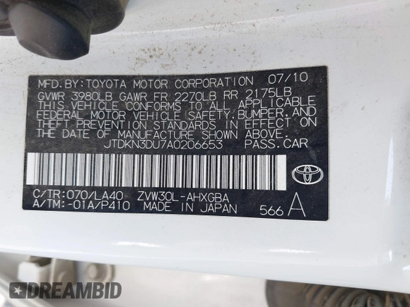 2010 Toyota Prius II z VIN JTDKN3DU7A0206653, wystawiony jako IAAI lot #42443900 z przebiegiem 175 165 mil mil oraz . Historia ofert i sprzedaży dostępna na DreamBid. Obrazek 9.