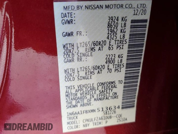 2021 Nissan Titan SV z VIN 1N6AA1FBXMN513634, wystawiony jako Copart lot #41454345 z przebiegiem 110 134 mil mil oraz Szkoda całkowita • Salvage title. Historia ofert i sprzedaży dostępna na DreamBid. Obrazek 12.