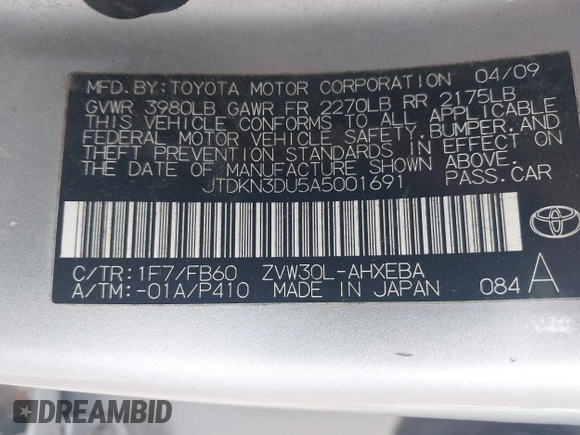 2010 Toyota Prius II z VIN JTDKN3DU5A5001691, wystawiony jako IAAI lot #42378034 z przebiegiem 138 436 mil mil oraz . Historia ofert i sprzedaży dostępna na DreamBid. Obrazek 9.