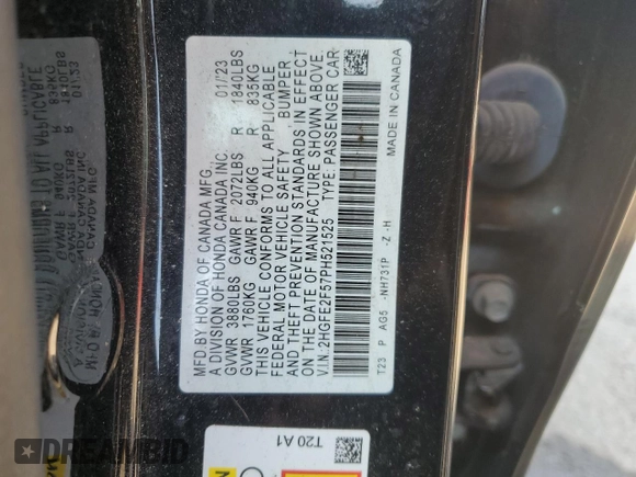2023 Honda Civic Sedan Sport with VIN 2HGFE2F57PH521525, listed as a Copart auction lot 46581775 with 39,015 mi miles and Salvage Title. Bid and sale history available at carsss.com. Image 13.