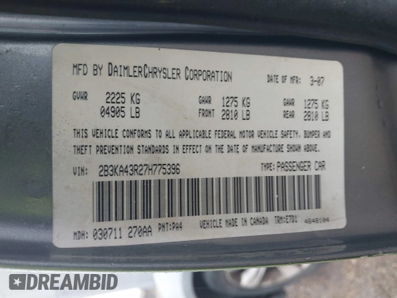 2007 Dodge Charger with VIN 2B3KA43R27H775396, listed as a IAAI auction lot 41324693 with 225,273 mi miles and . Bid and sale history available at DreamBid. Image 8.