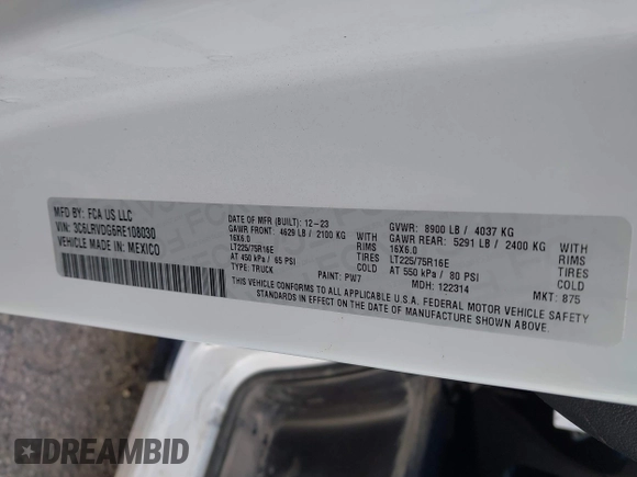 2024 Ram ProMaster Cargo Tradesman with VIN 3C6LRVDG6RE108030, listed as a IAAI auction lot 41319552 with 10,337 mi miles and . Bid and sale history available at DreamBid. Image 9.