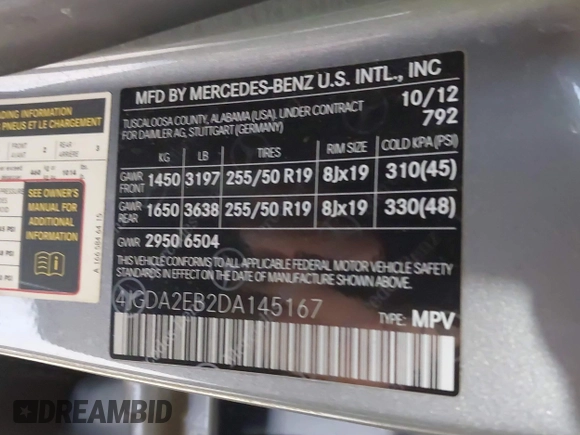 2013 Mercedes-Benz M 350 with VIN 4JGDA2EB2DA145167, listed as a IAAI auction lot 41405114 with Not Provided miles and . Bid and sale history available at DreamBid. Image 9.