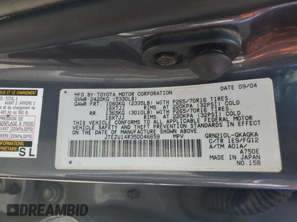 2005 Toyota 4Runner SR5 z VIN JTEZU14R350046659, wystawiony jako Copart lot #61678825 z przebiegiem 256 775 mil mil oraz Czysty tytuł • Clean title. Historia ofert i sprzedaży dostępna na DreamBid. Obrazek 13.