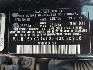 2016 Kia Optima EX with VIN 5XXGU4L35GG050918, listed as a IAAI auction lot 42687792 with 86,613 mi miles and . Bid and sale history available at DreamBid. Image 9.