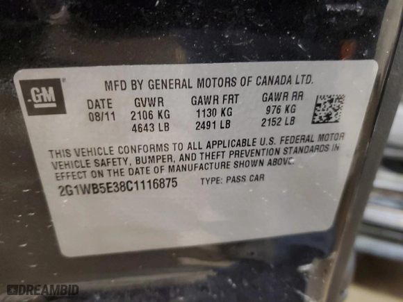 2012 Chevrolet Impala LT Retail with VIN 2G1WB5E38C1116875, listed as a Copart auction lot 84147194 with NaN miles and Non Repairable. Bid and sale history available at carsss.com. Image 12.
